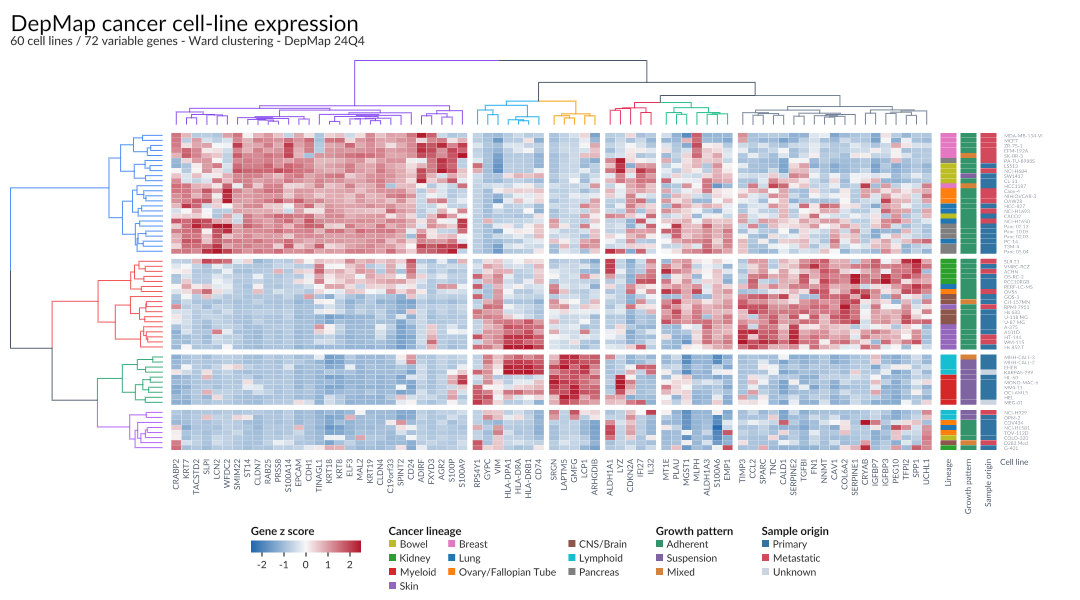 Aligns a gene-expression heatmap, two precomputed clustering trees, and cell-line annotations on shared index scales. Pan and zoom to inspect expression patterns; hover for gene and cancer-subtype metadata.